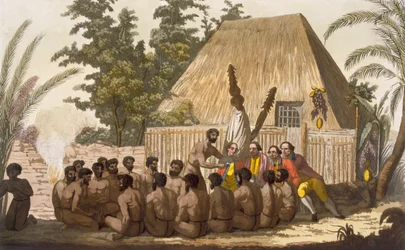 Uma oferenda perante o capitão Cook, reconhecendo-o como uma encarnação do deus Lomo, janeiro de 1779, gravado por Angelo Biasioli